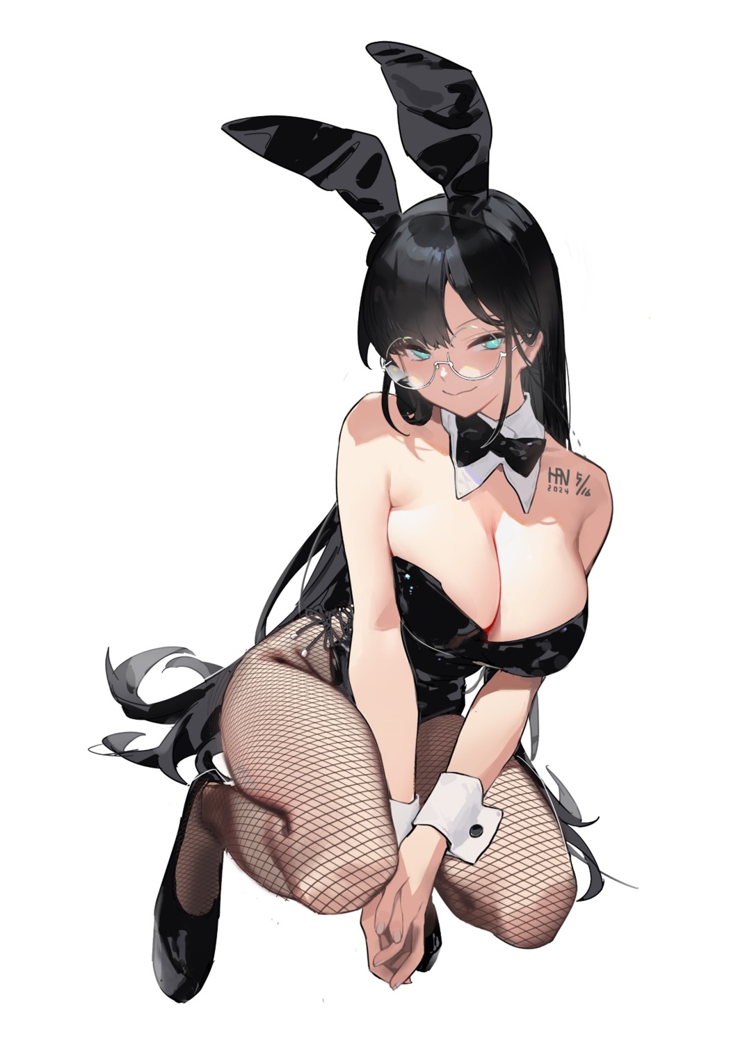 animal_ears bunny_ears bunny_girl fishnets han-0v0 megane no_bra pantyhose tattoo