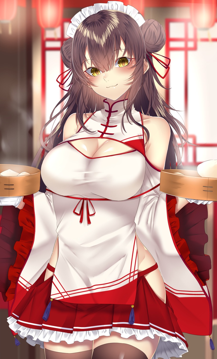 asian_clothes cleavage onineko-chan thighhighs waitress