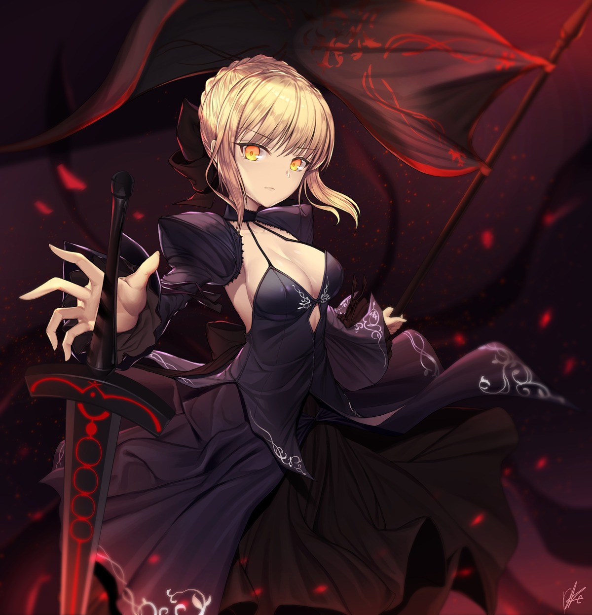 cleavage dduck_kong dress erect_nipples fate/grand_order no_bra saber saber_alter sword