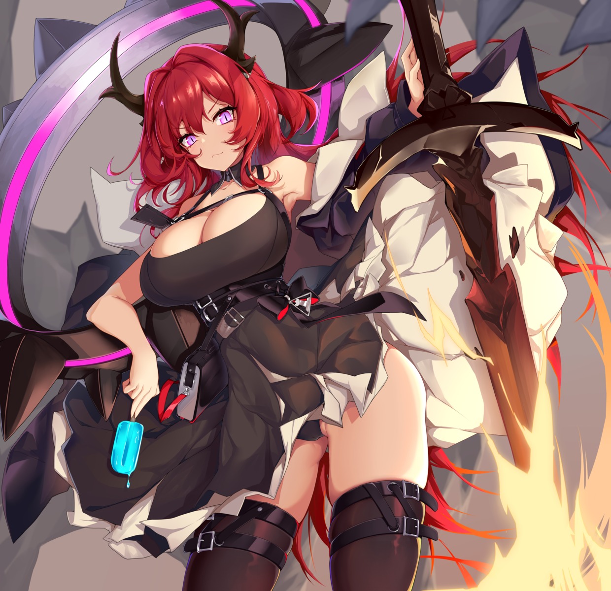 arknights garter horns no_bra pantsu skirt_lift surtr_(arknights) sword thighhighs zeroblood