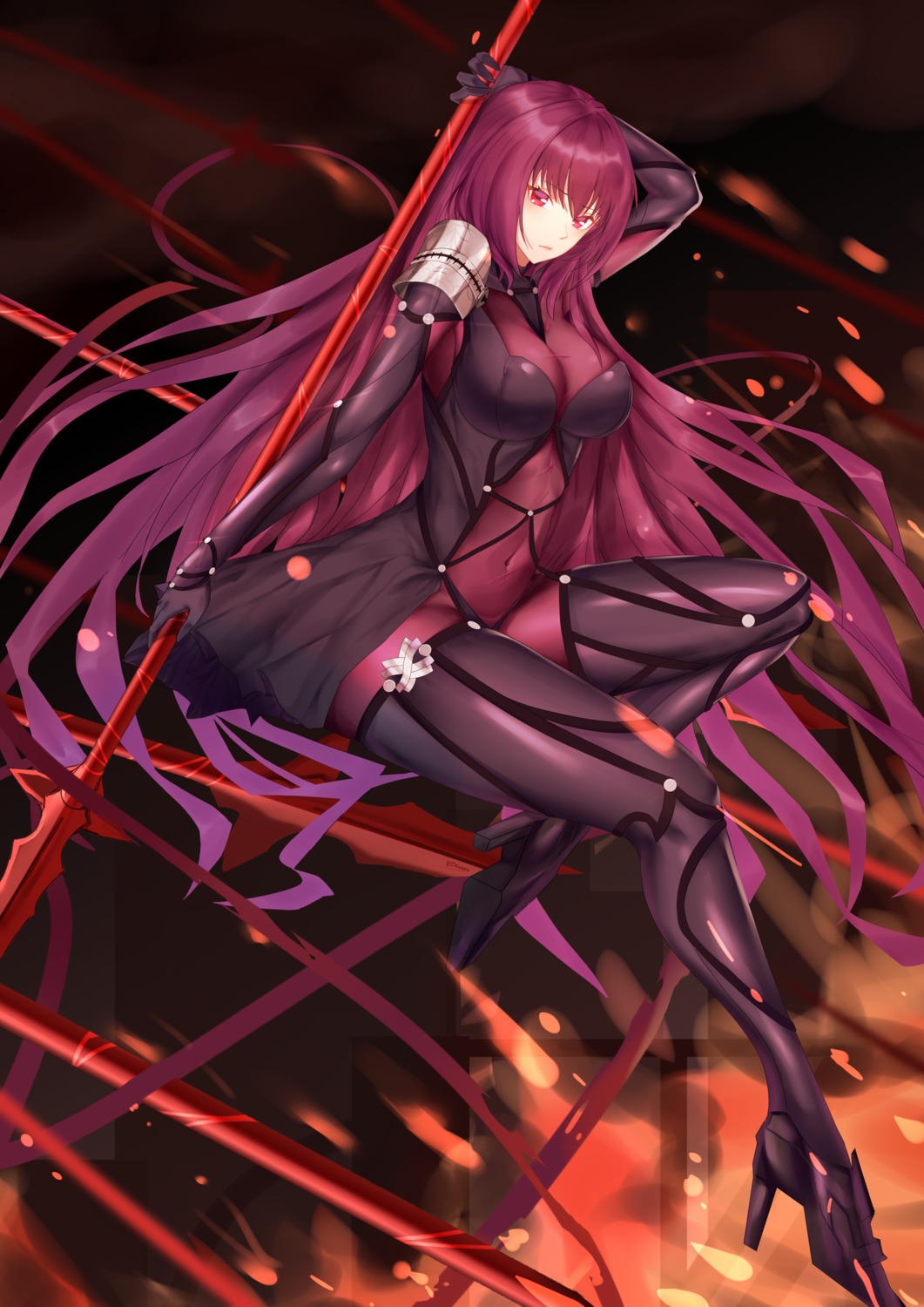armor bodysuit fate/grand_order heels huyou_xia scathach_(fate/grand_order) stockings thighhighs weapon