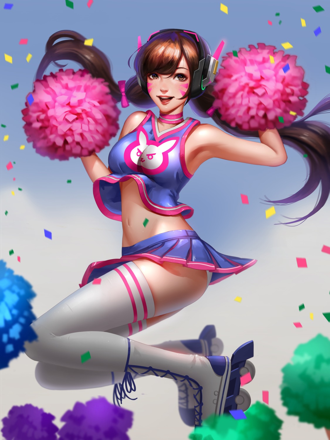 ass cheerleader d.va headphones liang_xing overwatch pantsu shirt_lift skirt_lift tattoo thighhighs