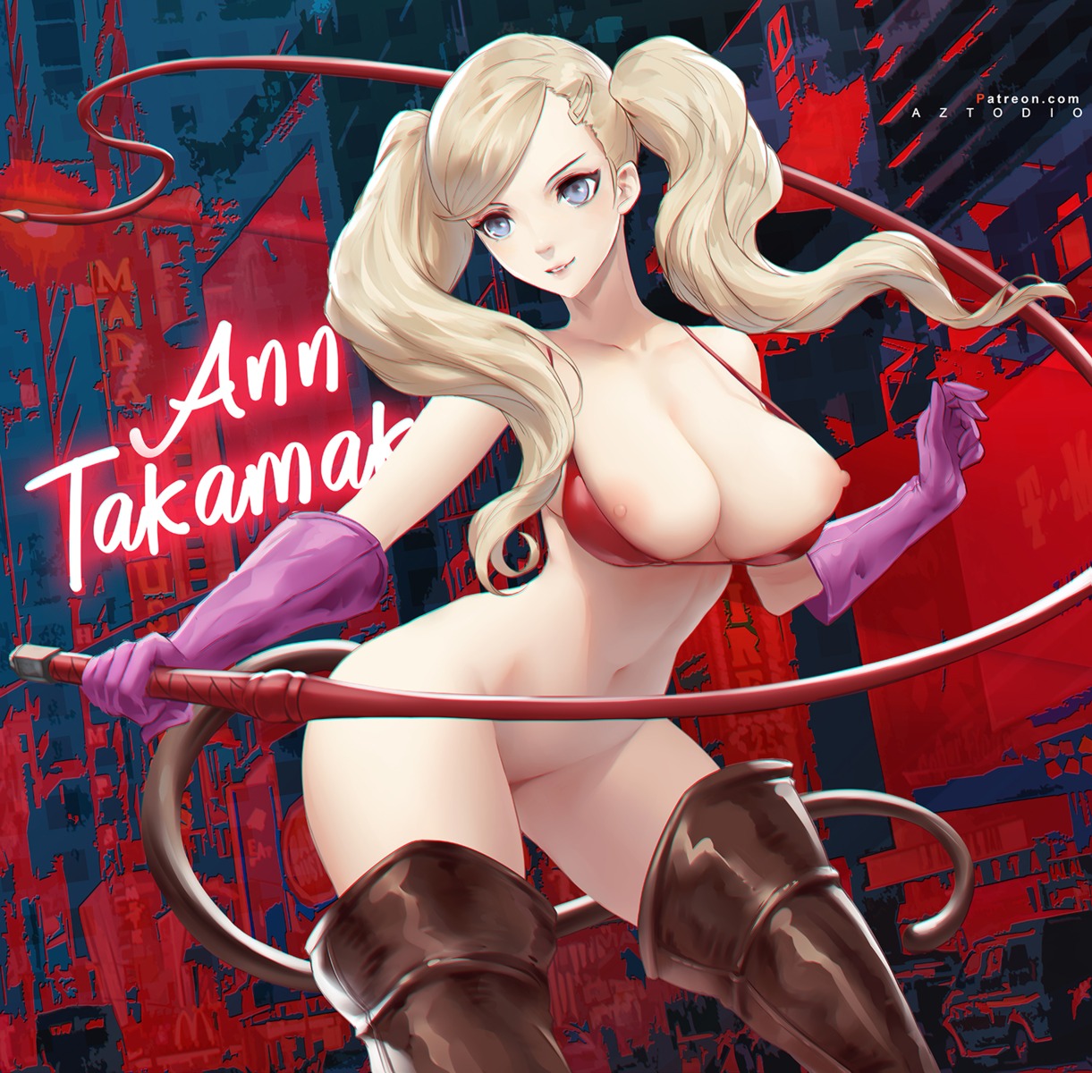 azto_dio bikini_top bottomless breasts nipples persona_5 swimsuits tail takamaki_anne thighhighs weapon