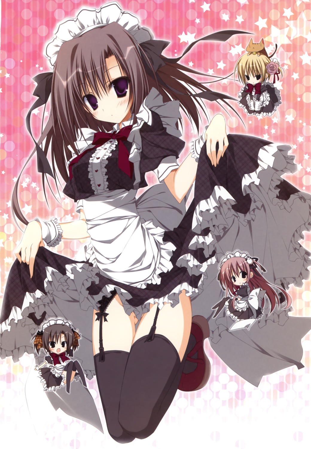 chibi ebiten garter_belt hiromatsu_rikei inugami_kira kanamori_hakata maid nopan skirt_lift stockings thighhighs todayama_izumiko todayama_kyouko