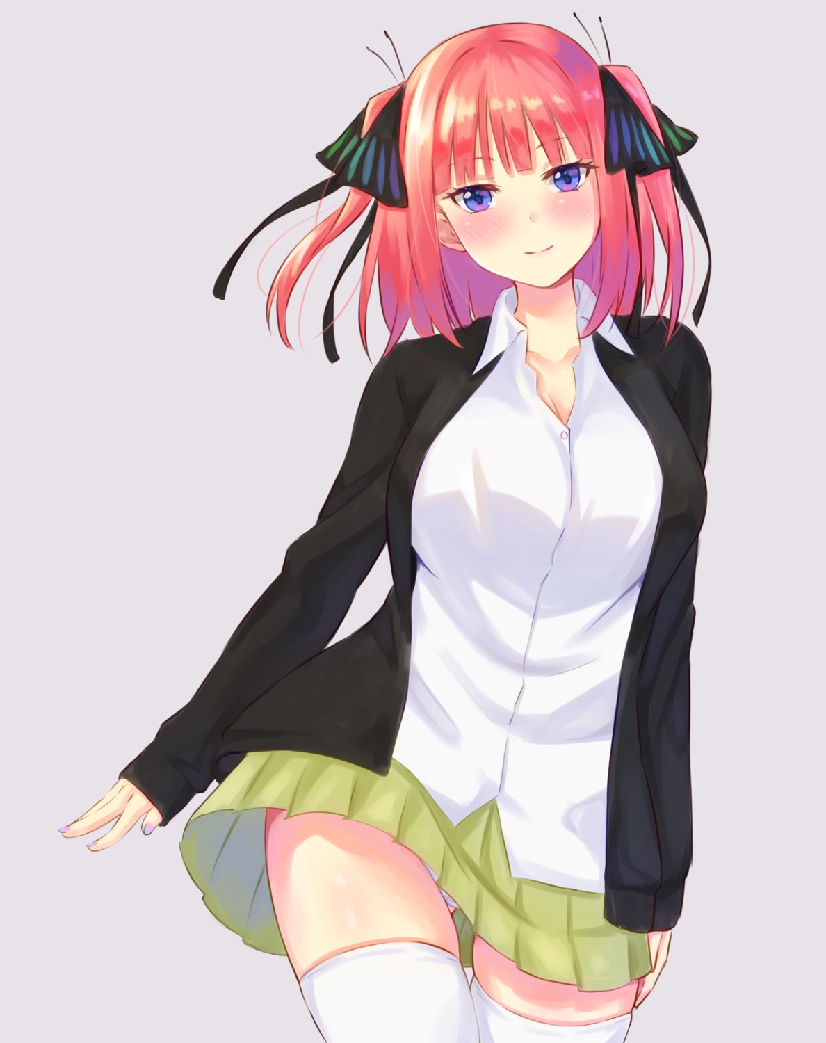 5-toubun_no_hanayome cleavage hofumaso nakano_nino pantsu seifuku skirt_lift sweater thighhighs