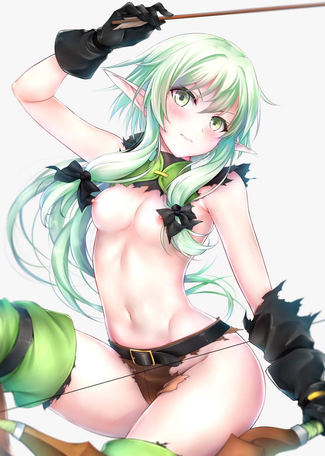 breasts elf goblin_slayer high_elf_archer nipples no_bra nopan pointy_ears rei_kun thighhighs wardrobe_malfunction weapon