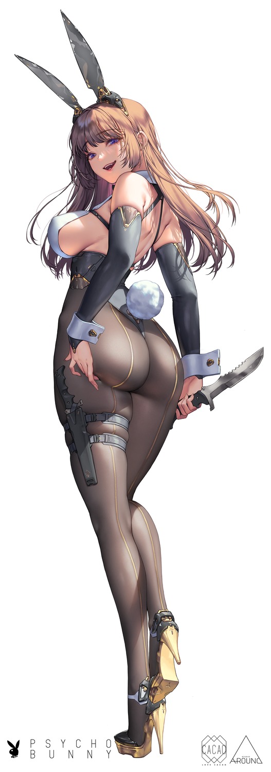 animal_ears ass bunny_ears erect_nipples heels love_cacao no_bra tail weapon