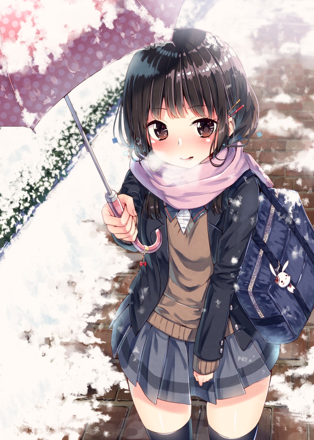 sakuragi_ren seifuku sweater thighhighs umbrella