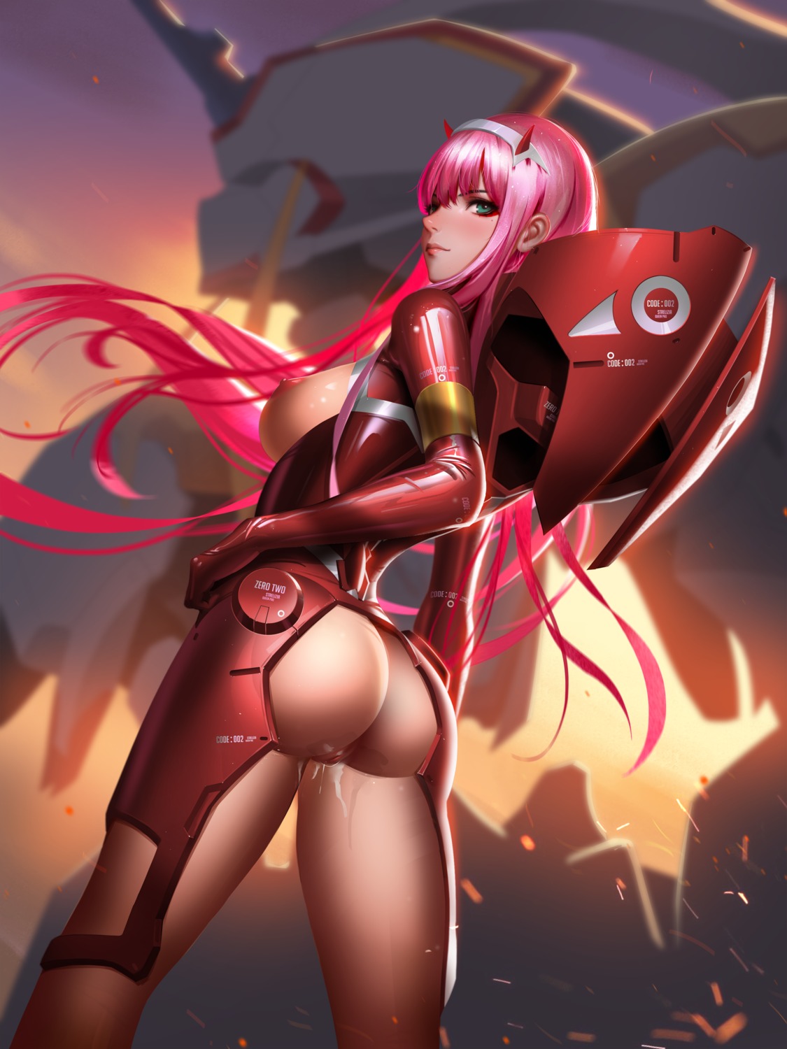 ass bodysuit breasts darling_in_the_franxx horns liang_xing mecha nipples no_bra nopan open_shirt pussy pussy_juice uncensored zero_two_(darling_in_the_franxx)
