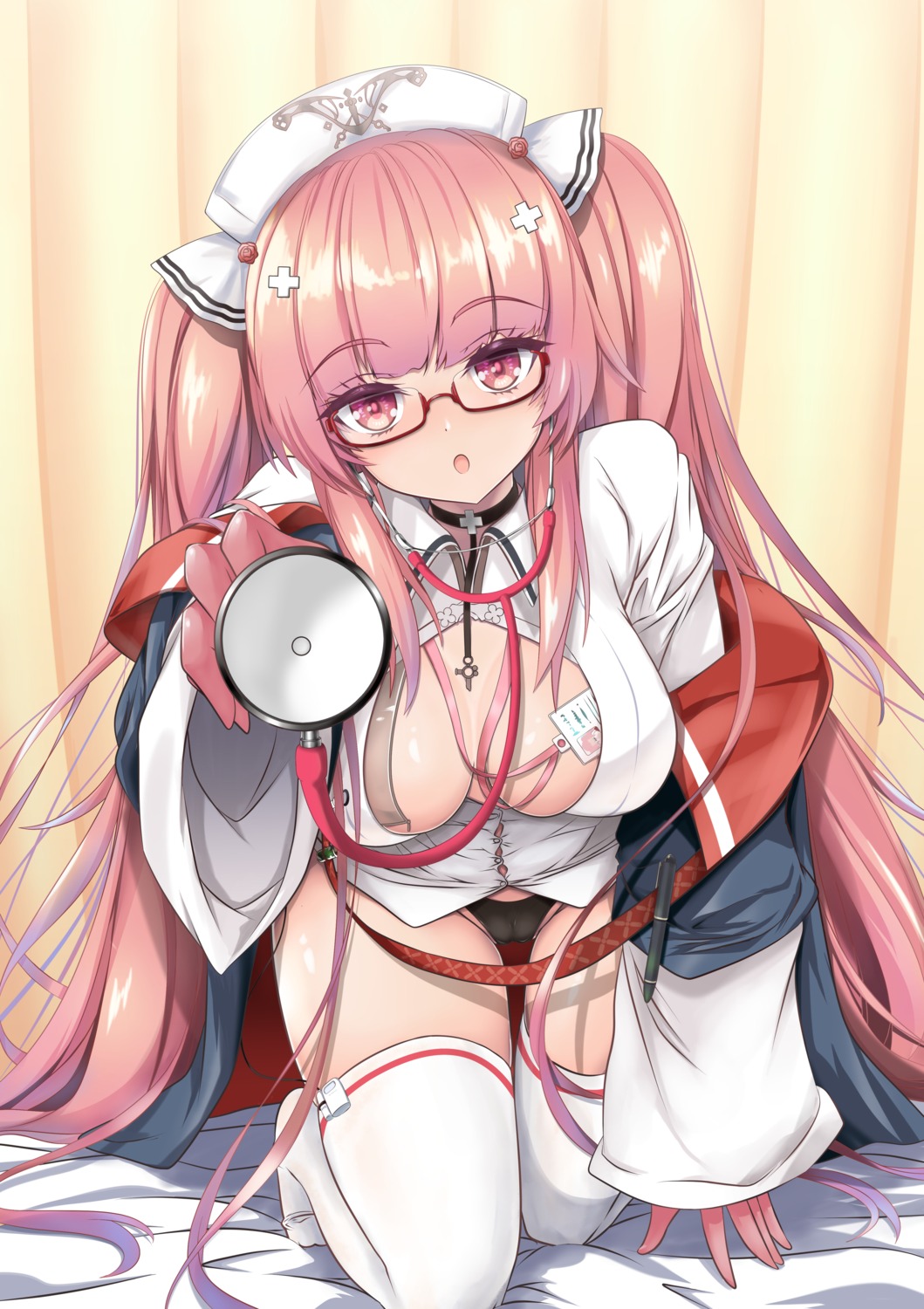 azur_lane cameltoe cleavage megane no_bra nurse open_shirt pantsu perseus_(azur_lane) raranokusu thighhighs