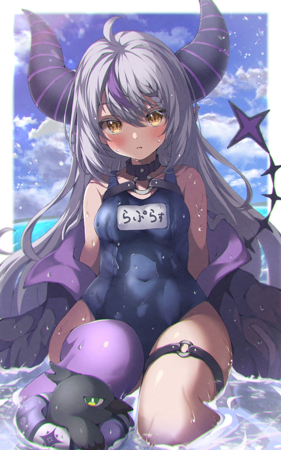 absent crow_(la+_darknesss) garter hololive horns la+_darknesss loli pointy_ears school_swimsuit swimsuits tail thighhighs wet wet_clothes