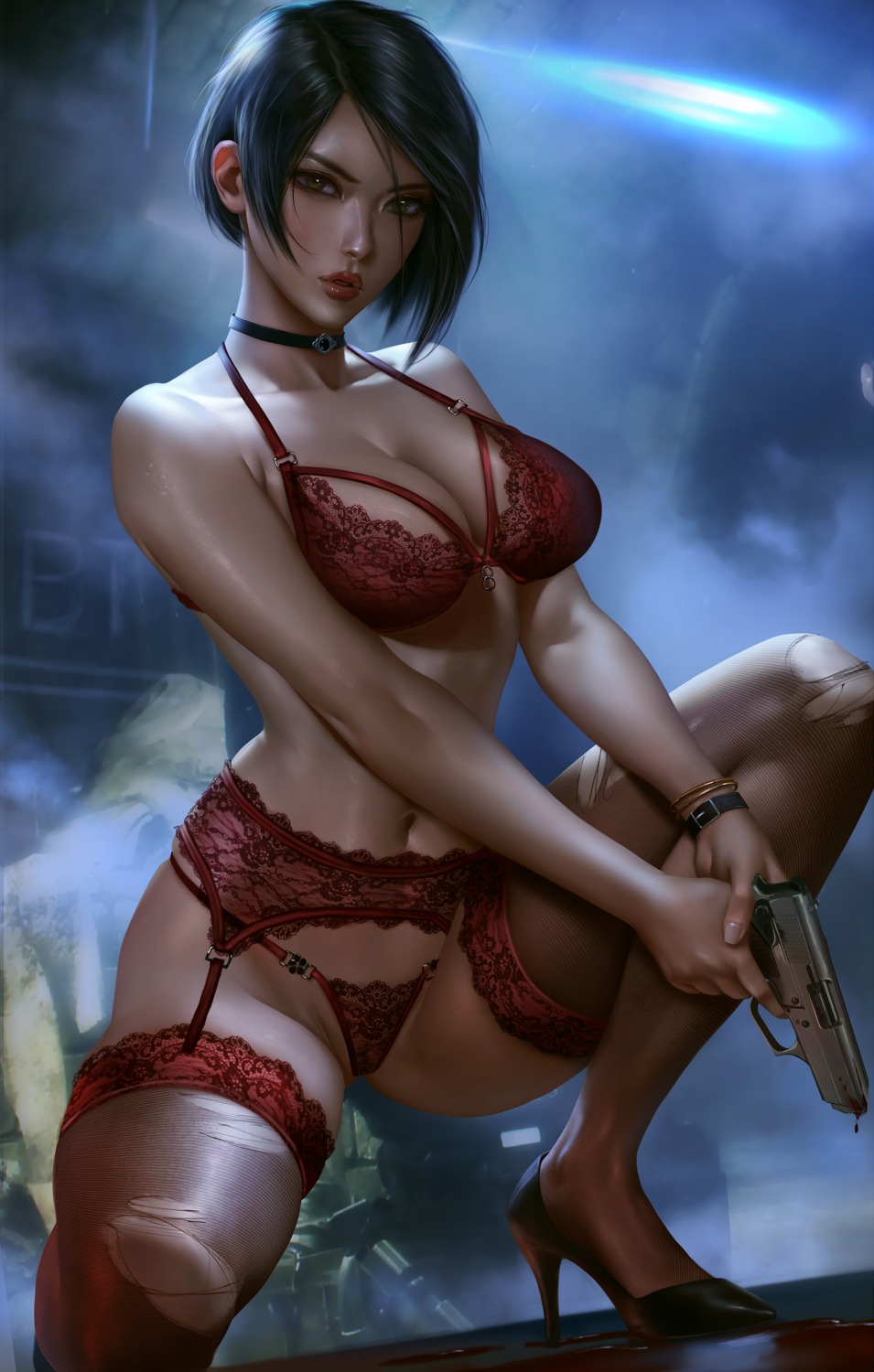 ada_wong blood bra garter_belt gun heels logan_cure pantsu resident_evil stockings thighhighs torn_clothes