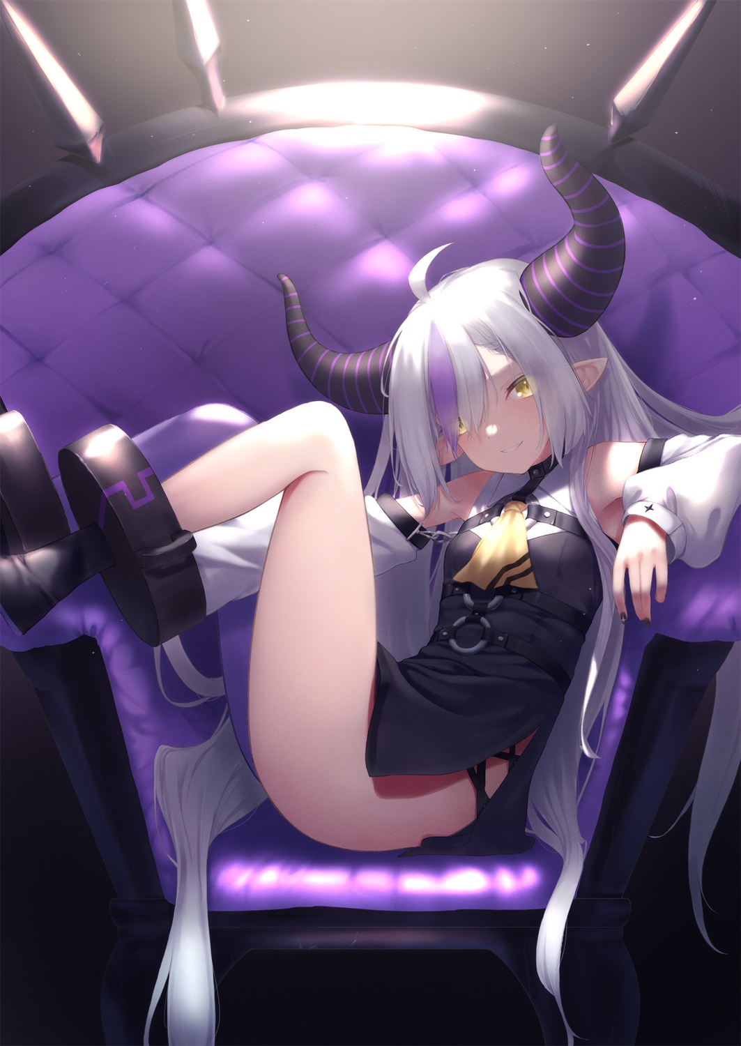 dress hololive horns ichi-go la+_darknesss loli nopan pointy_ears thighhighs