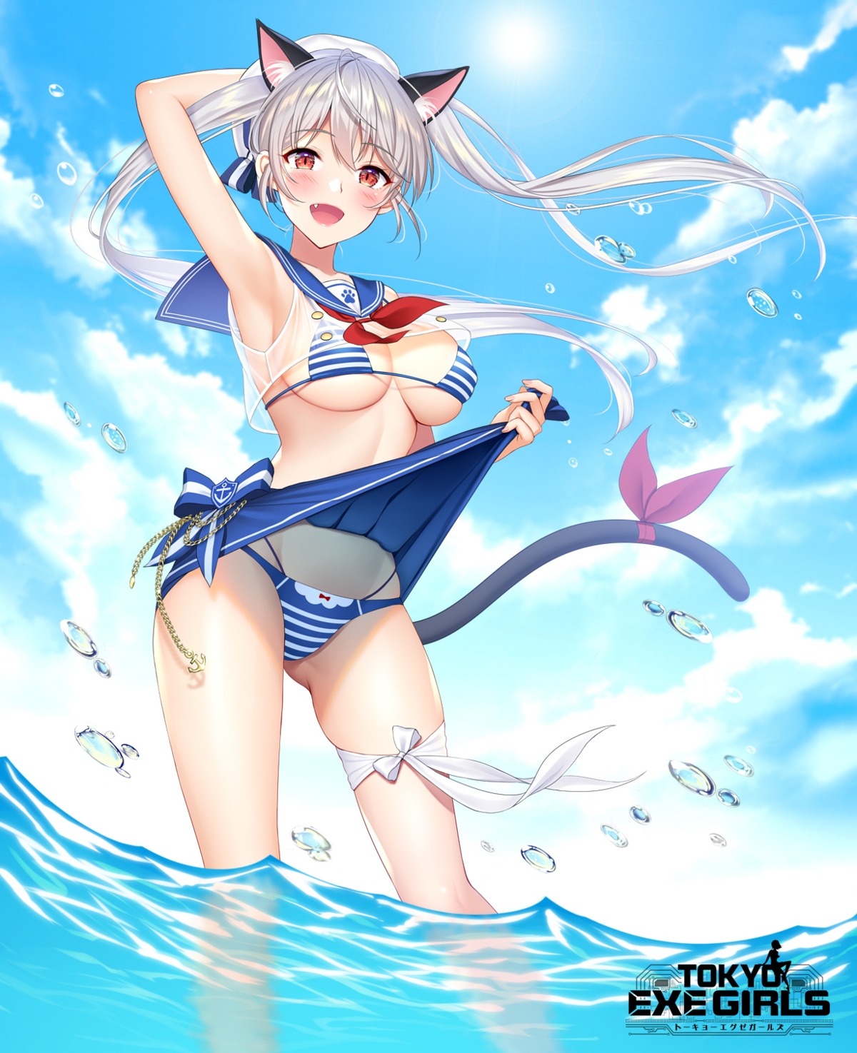 animal_ears bikini harajuku_mimi nekomimi re:shimashima see_through seifuku shirt_lift skirt_lift swimsuits tail tokyo_exe_girls wet