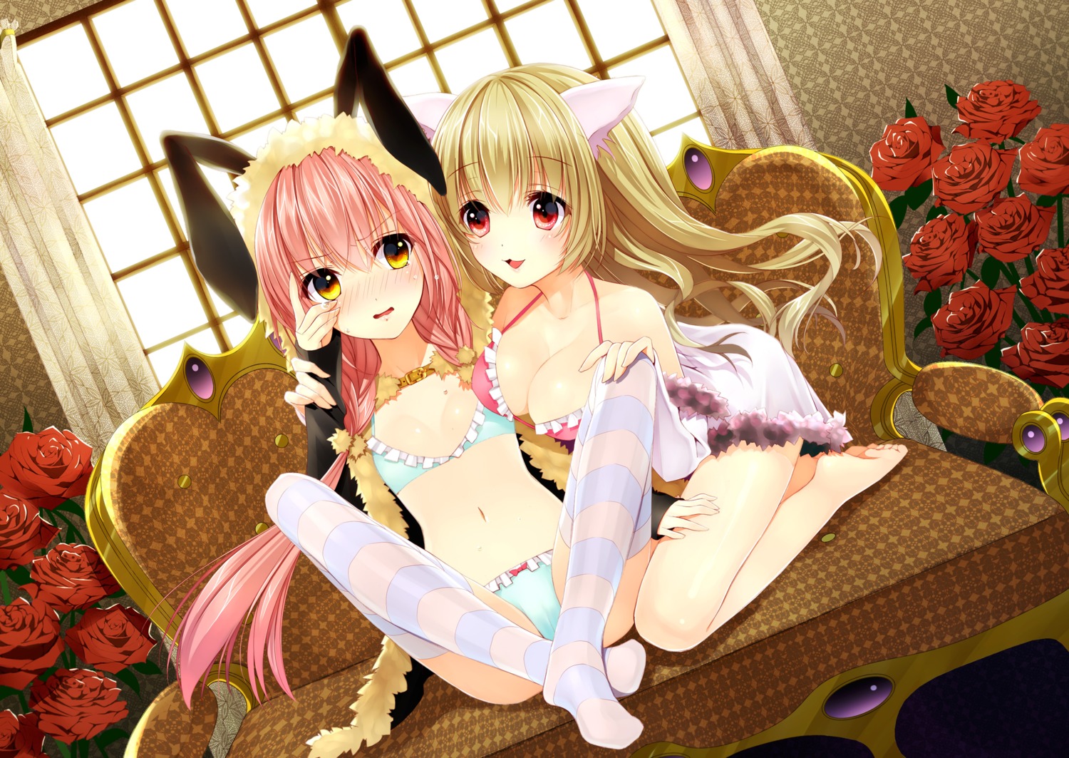 animal_ears bra bunny_ears cleavage feet loli pantsu thighhighs yada_potato yuri