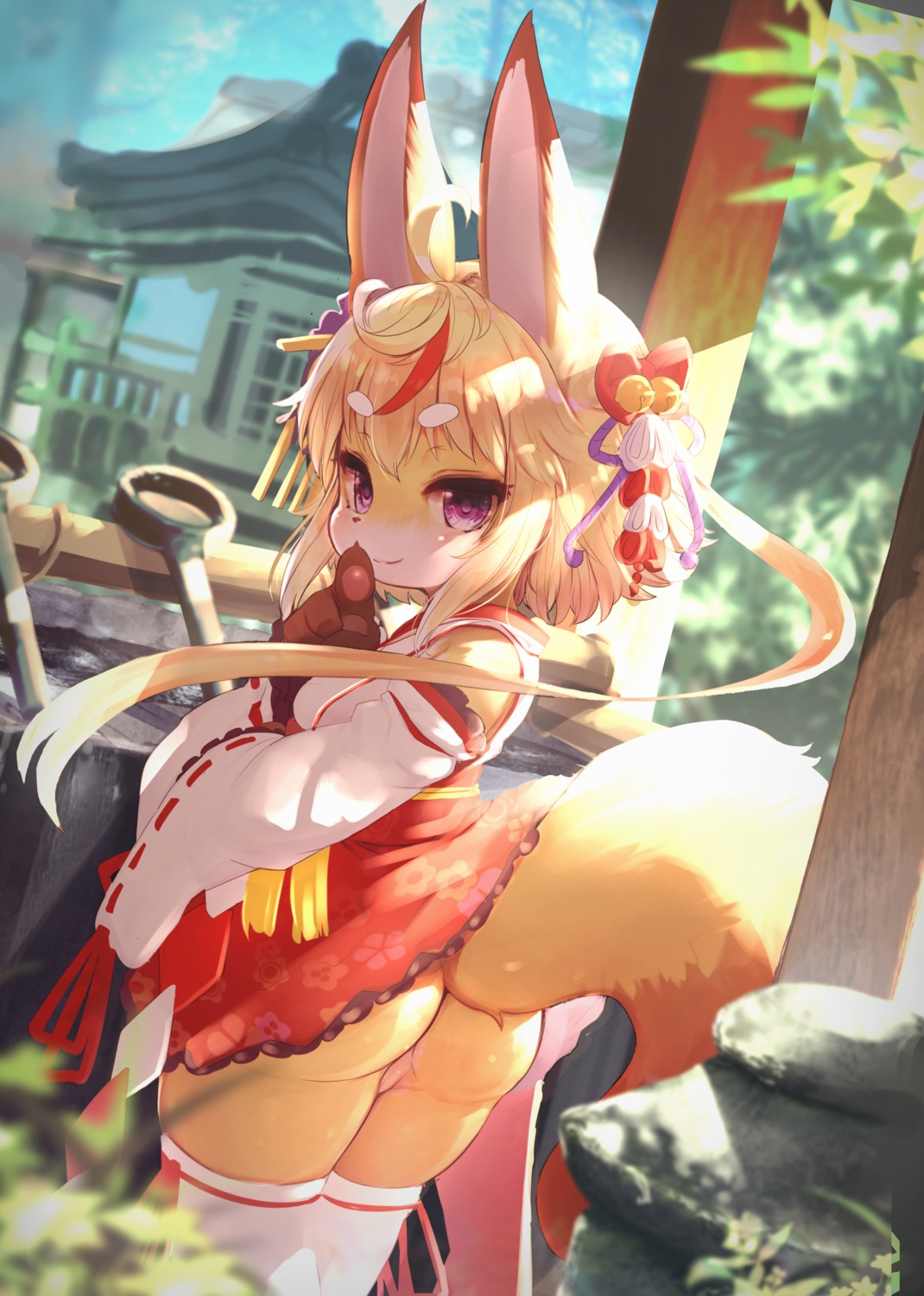 animal_ears ass kitsune loli lolo_(kemonono) miko nopan pussy skirt_lift tail thighhighs