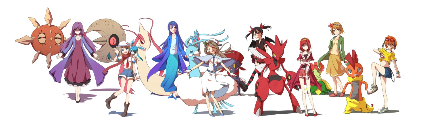 altaria ayase_arisa bellossom bike_shorts crossover dress glaceon heels hoshizora_rin kaku_(pixiv1316345) koizumi_hanayo love_live! lunatone milotic minami_kotori nishikino_maki pokemon scizor scrafty solrock sonoda_umi thighhighs toujou_nozomi weavile wings yazawa_nico