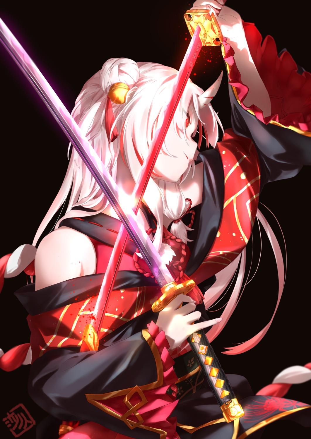 hololive horns japanese_clothes nakinohito nakiri_ayame sword