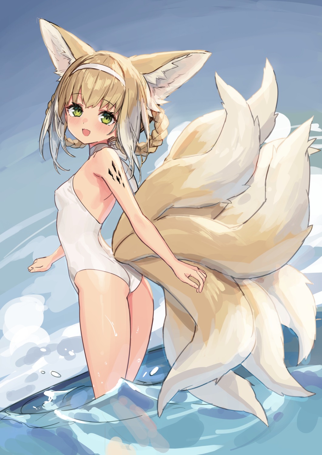 animal_ears arknights ass kitsune sigma99 suzuran_(arknights) swimsuits tail wet