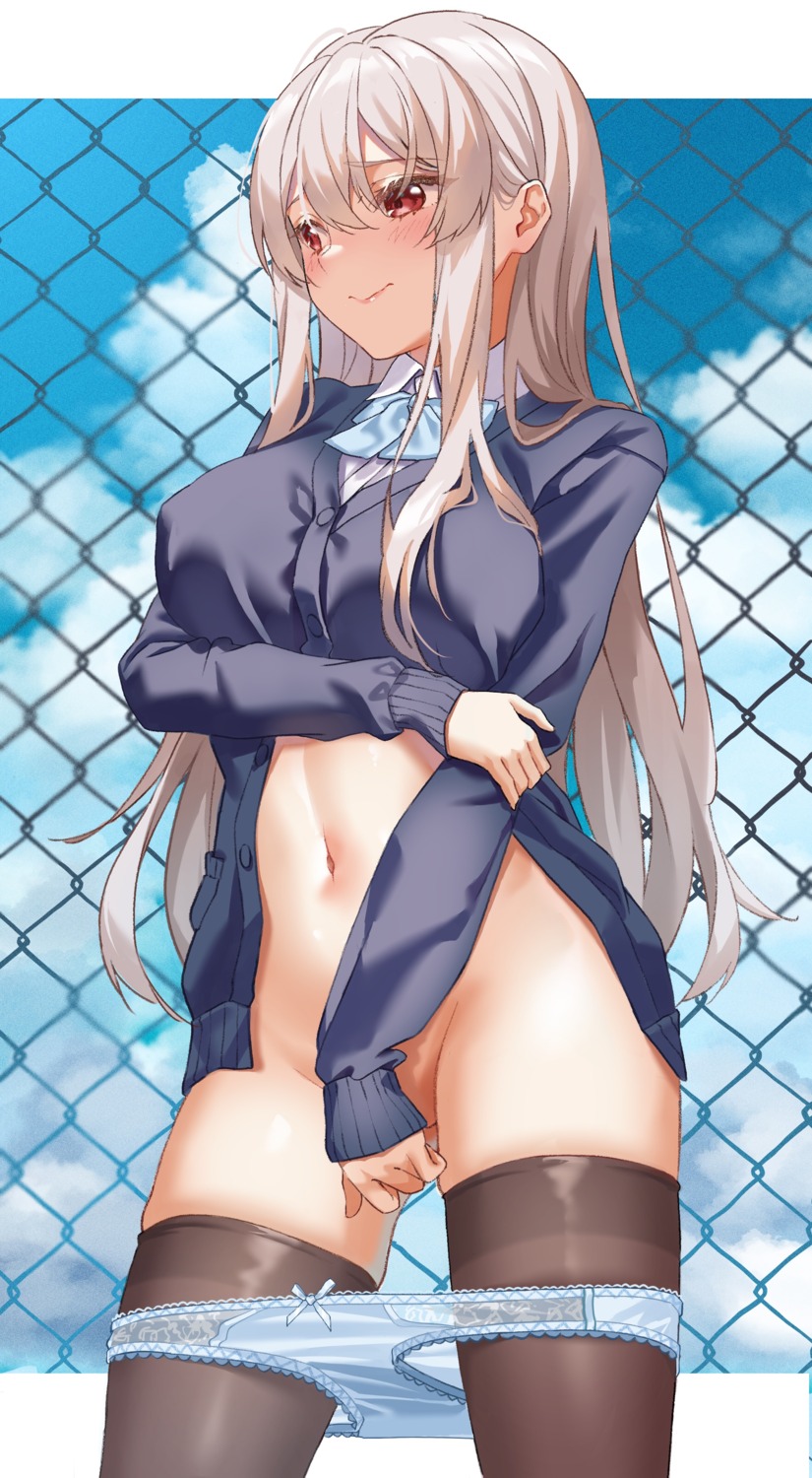 naruse_(0819) pantsu panty_pull seifuku sweater thighhighs