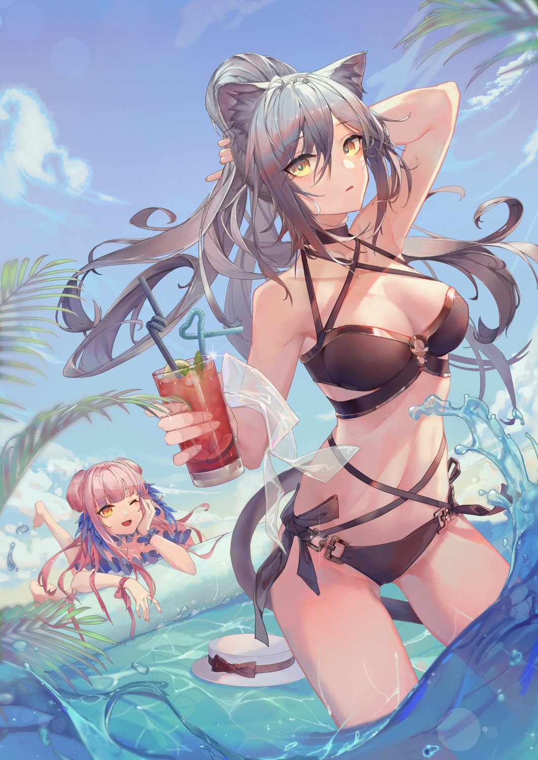 animal_ears arknights bikini ceylon_(arknights) schwarz_(arknights) shiling swimsuits tail wet