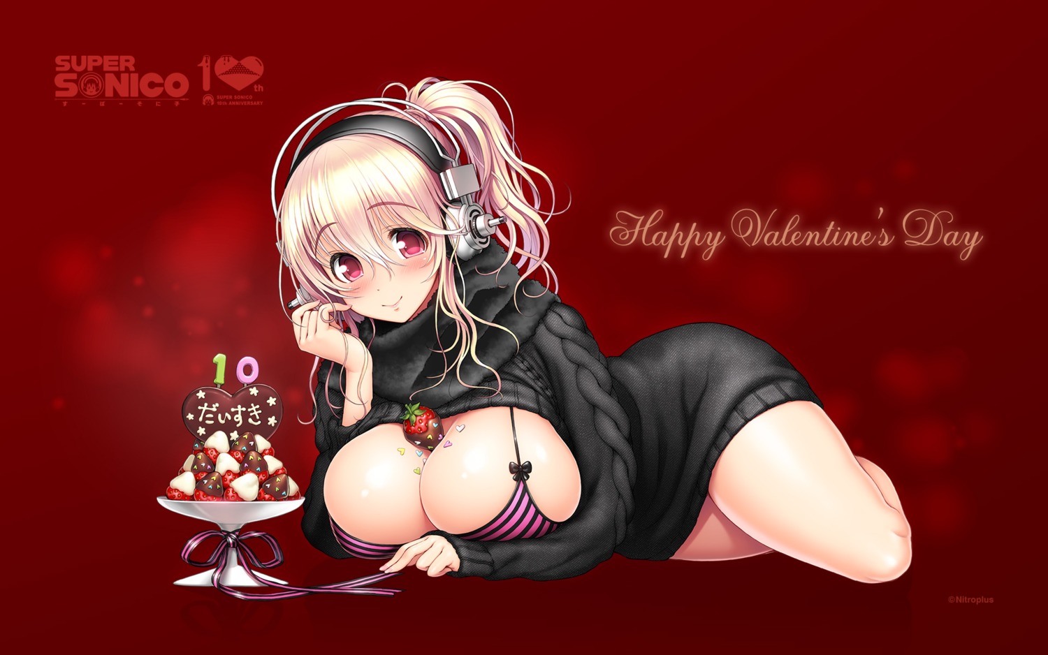 bikini_top breast_hold headphones sonico super_sonico sweater swimsuits tsuji_santa valentine wallpaper