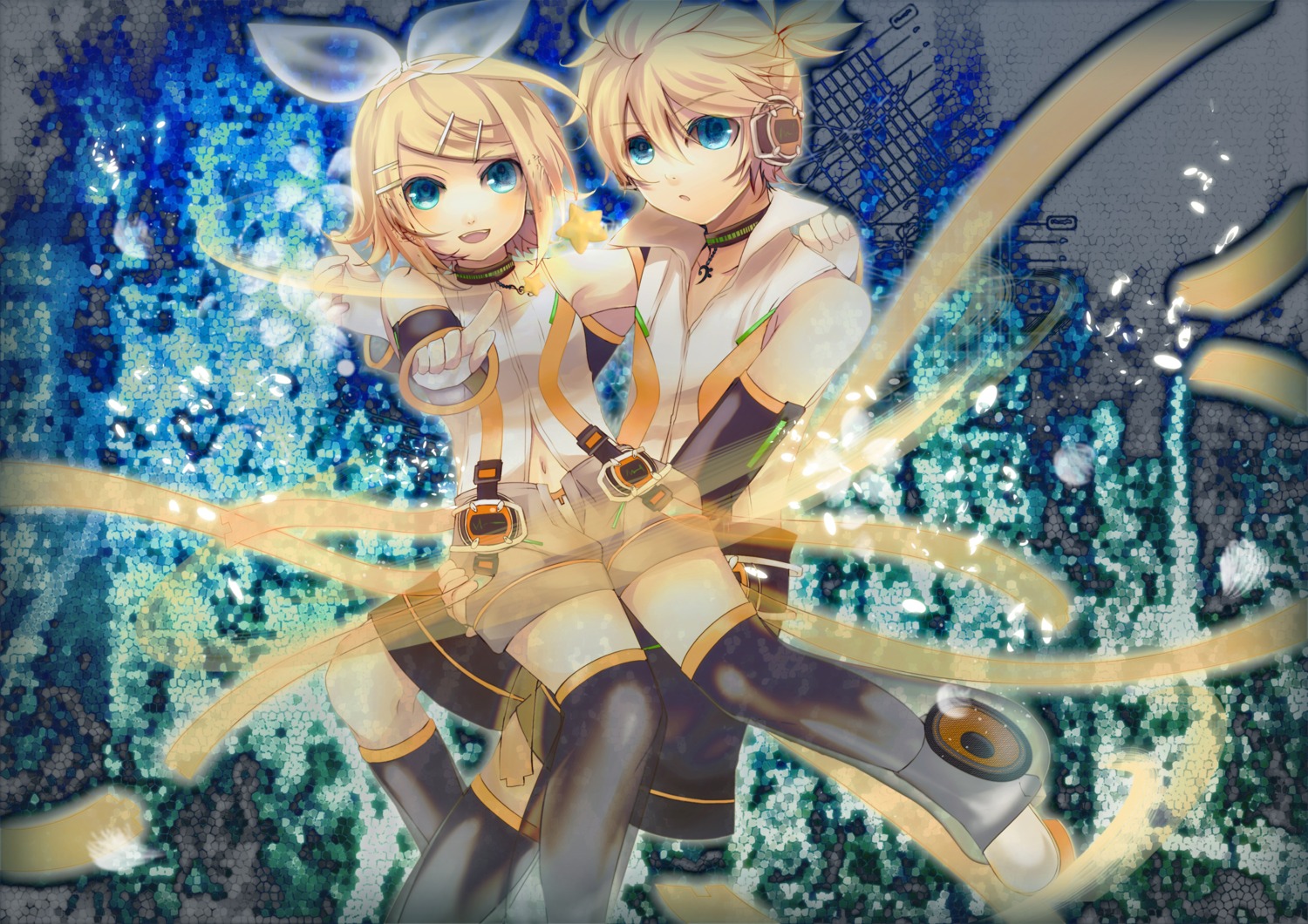 headphones kagamine_len kagamine_rin len_append rin_append soriku thighhighs vocaloid vocaloid_append