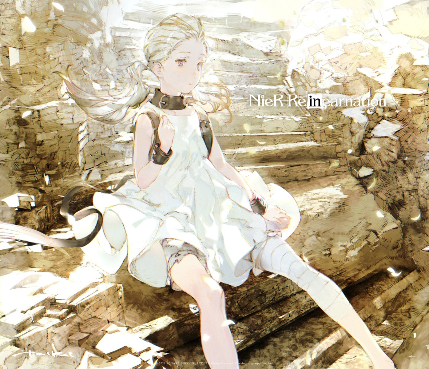 bandages bloomers dress fio_(nier) nier nier_reincarnation skirt_lift square_enix taiki_(luster)