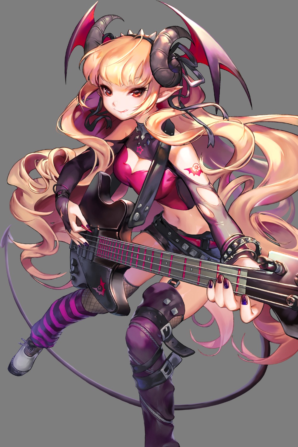 cleavage fishnets guitar horns pointy_ears soccer_spirits stockings tattoo thighhighs transparent_png wings