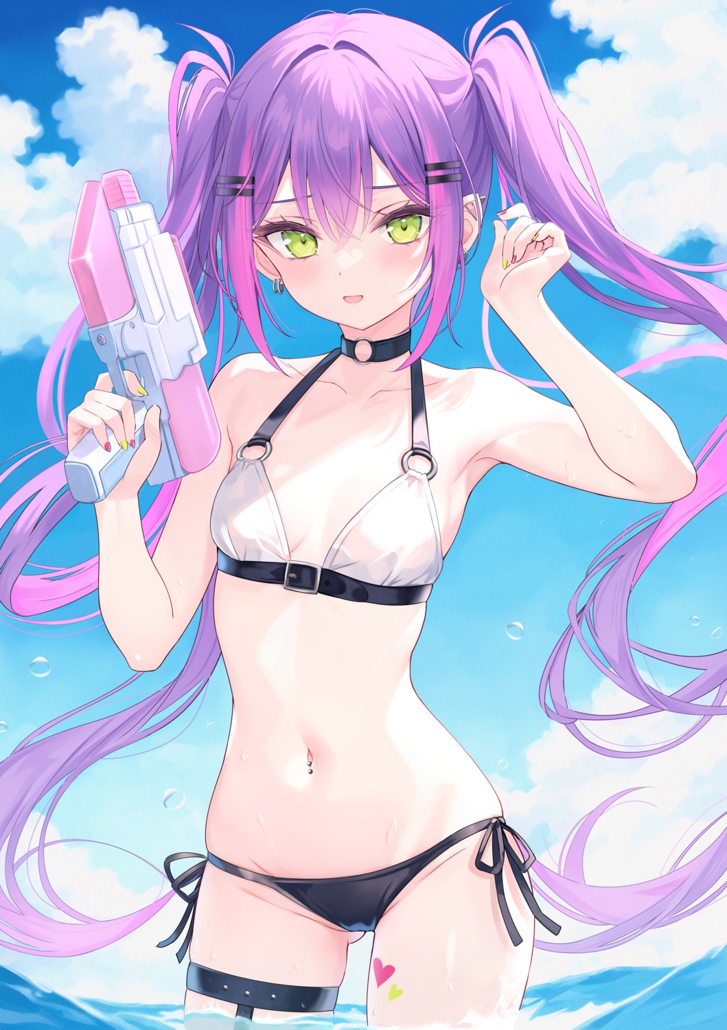 bikini garter gun hololive kitano_yukito swimsuits tattoo tokoyami_towa wet