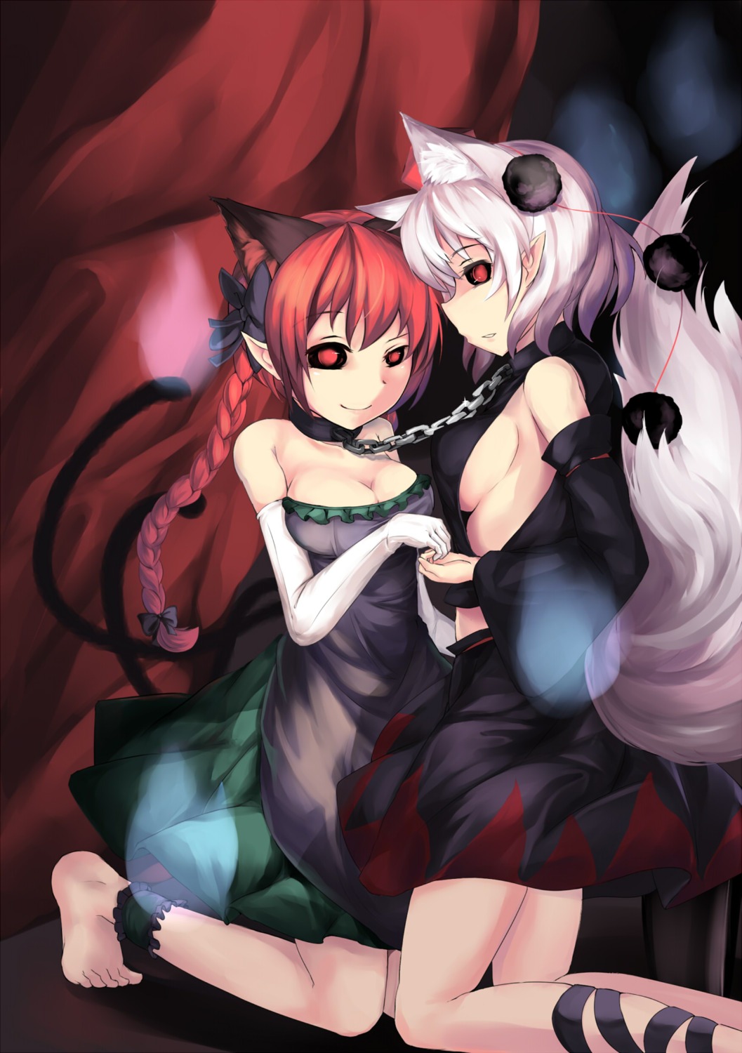 463_jun animal_ears cleavage dress inubashiri_momiji kaenbyou_rin pointy_ears tail touhou