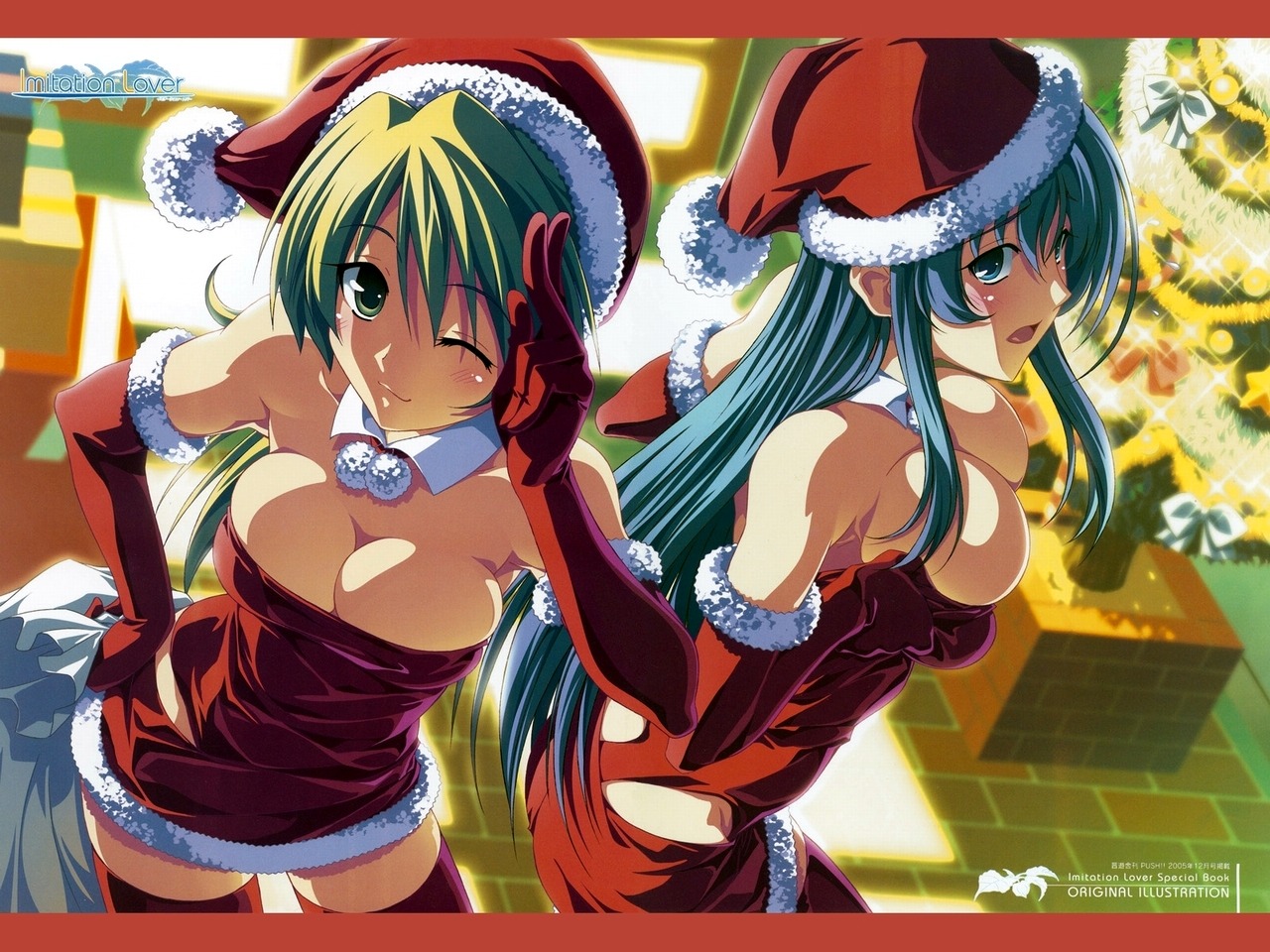 breast_hold christmas cleavage dress ichinose_kyou imitation_lover izumi_mahiru kirisawa_iori light nopan thighhighs wallpaper