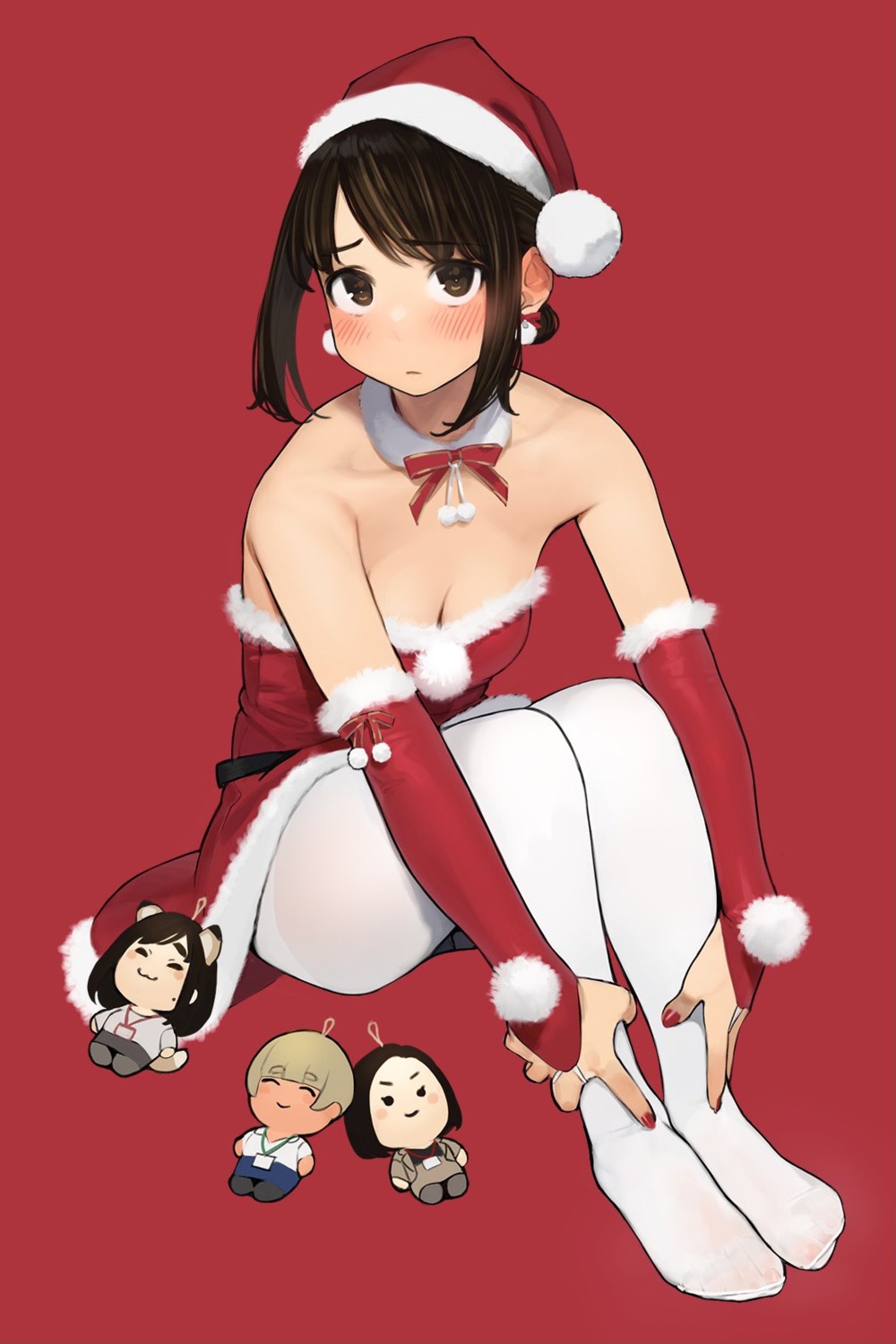 animal_ears chibi christmas cleavage feet ganbare_douki-chan no_bra pantyhose see_through skirt_lift tail yom