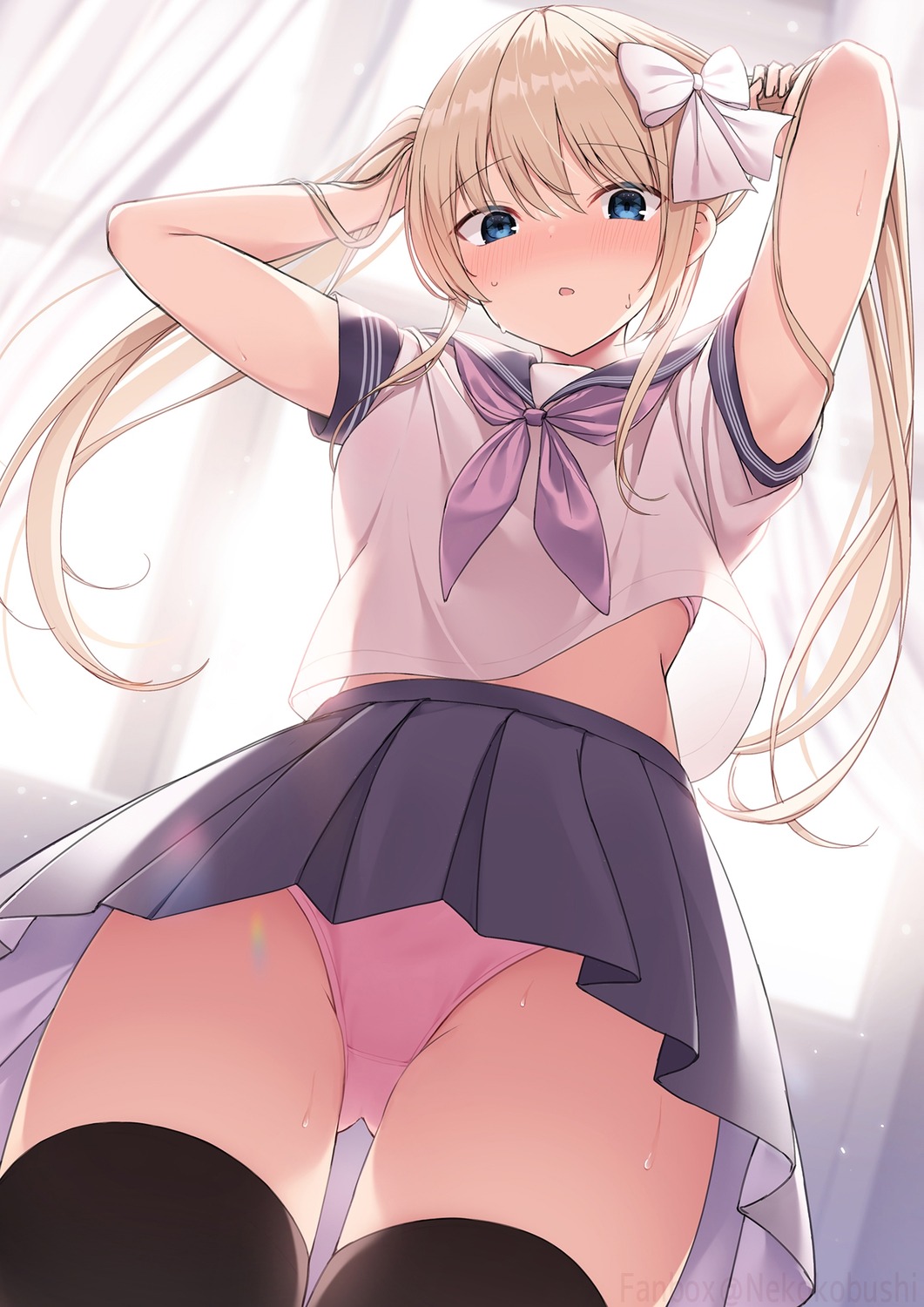 bra nekokobushi pantsu see_through seifuku shirt_lift skirt_lift thighhighs