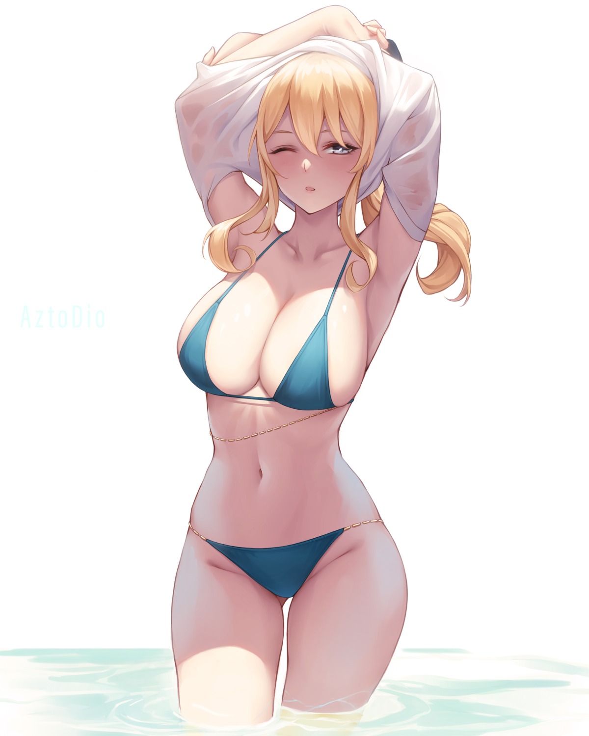 azto_dio bikini genshin_impact jean_(genshin_impact) see_through shirt_lift swimsuits undressing wet wet_clothes