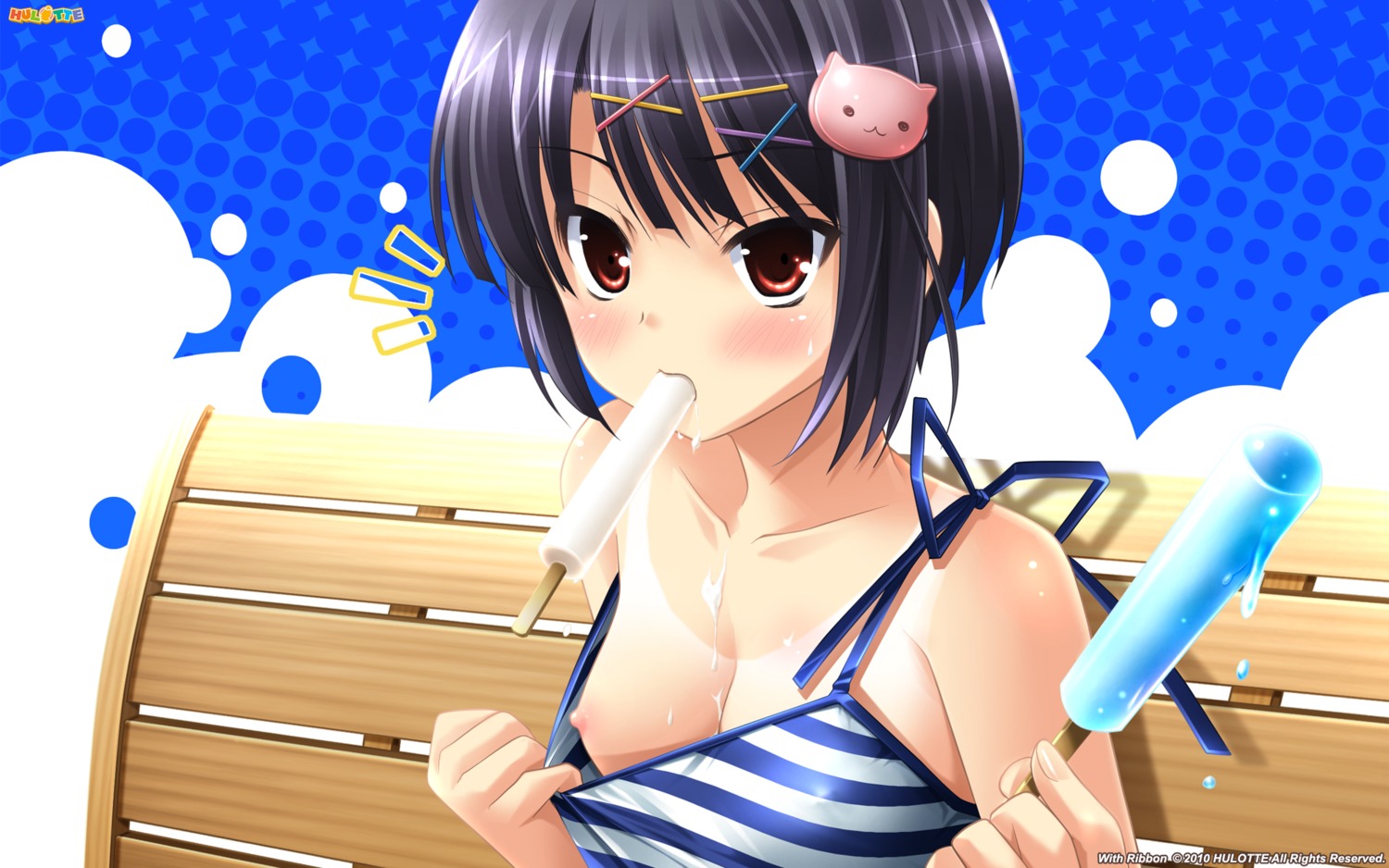 breasts cream hinata_yuu hulotte ikegami_akane nipples no_bra open_shirt tan_lines wallpaper with_ribbon