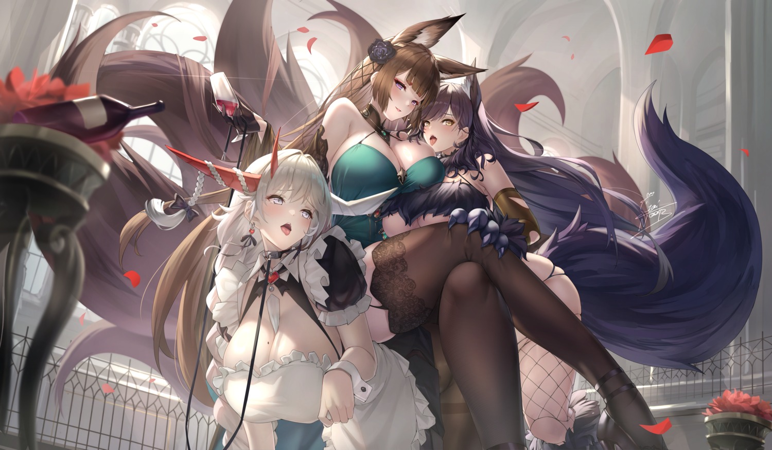 amagi_(azur_lane) animal_ears atago_(azur_lane) azur_lane dress fishnets gainoob hakuryuu_(azur_lane) heels horns kitsune maid no_bra pantsu pantyhose skirt_lift stockings tail thighhighs torn_clothes yuri