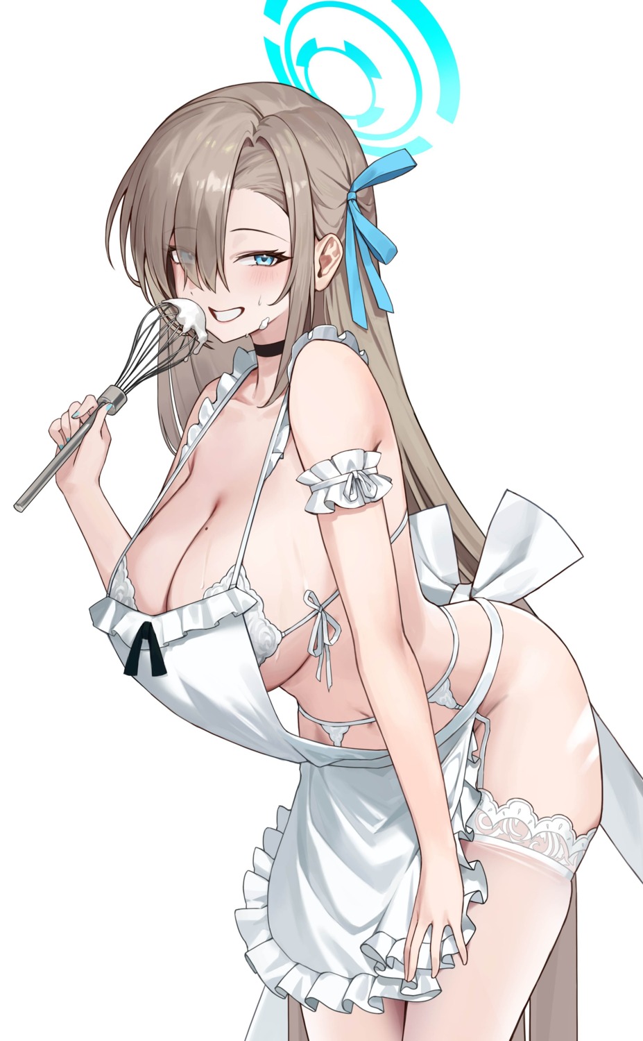 blue_archive bra cream garter_belt halo hidikan ichinose_asuna naked_apron stockings thighhighs