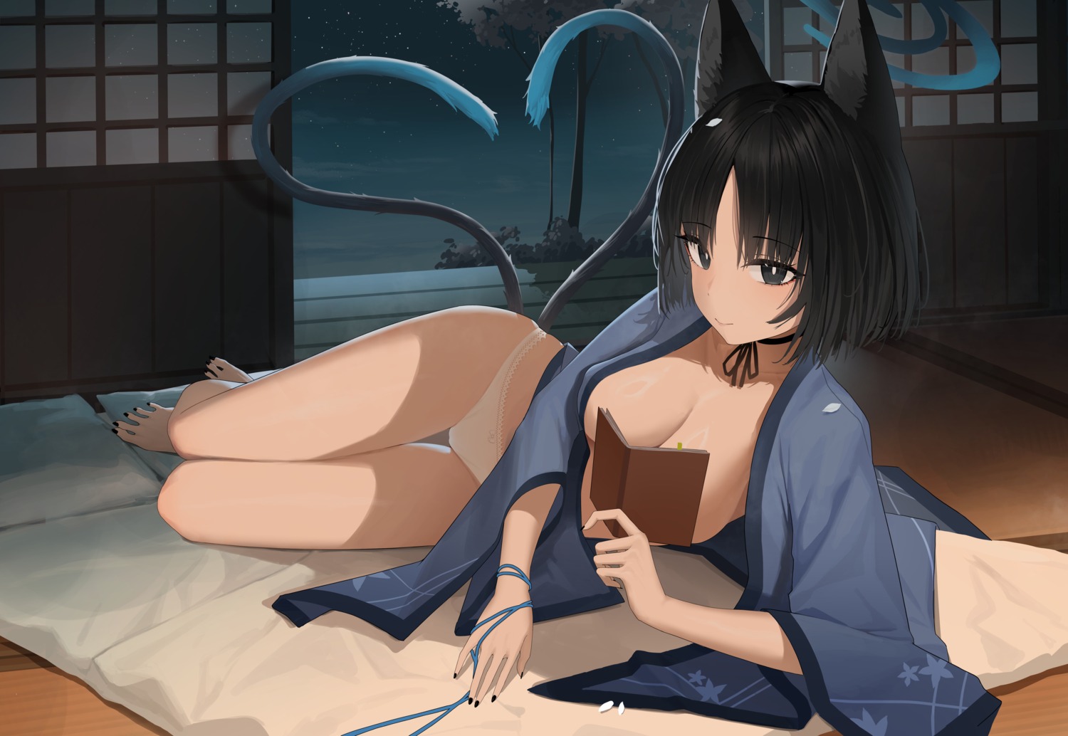 animal_ears blue_archive fangfangtu halo japanese_clothes kiryuu_kikyou nekomimi open_shirt pantsu tail