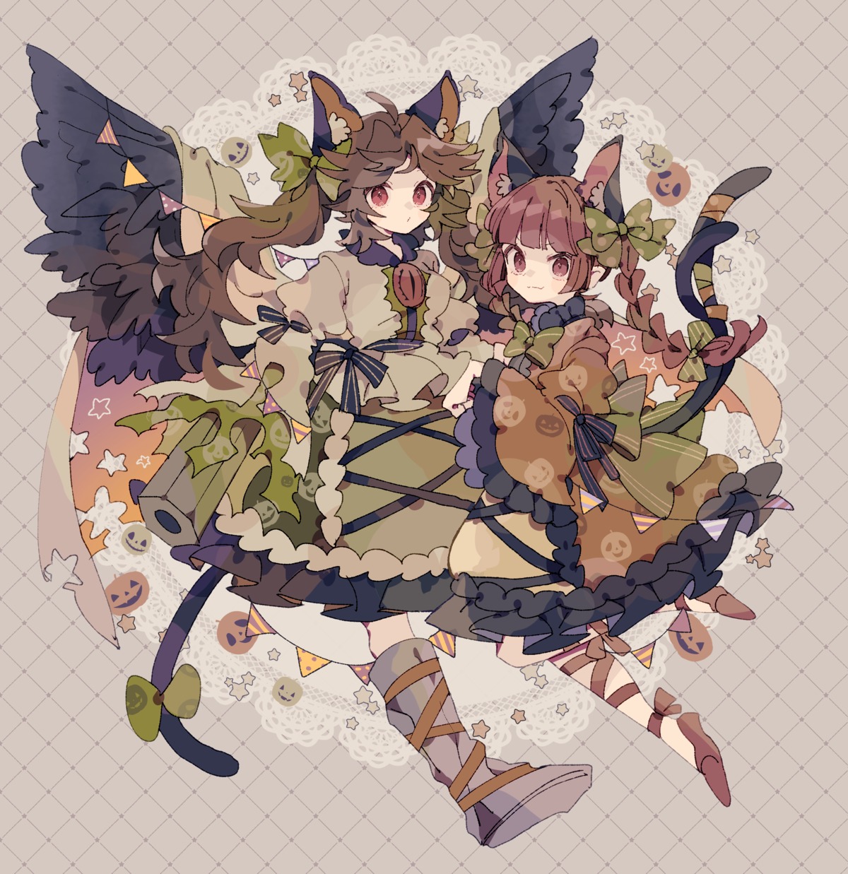 animal_ears dress halloween kaenbyou_rin nekomimi nikorashika reiuji_utsuho tail touhou wings