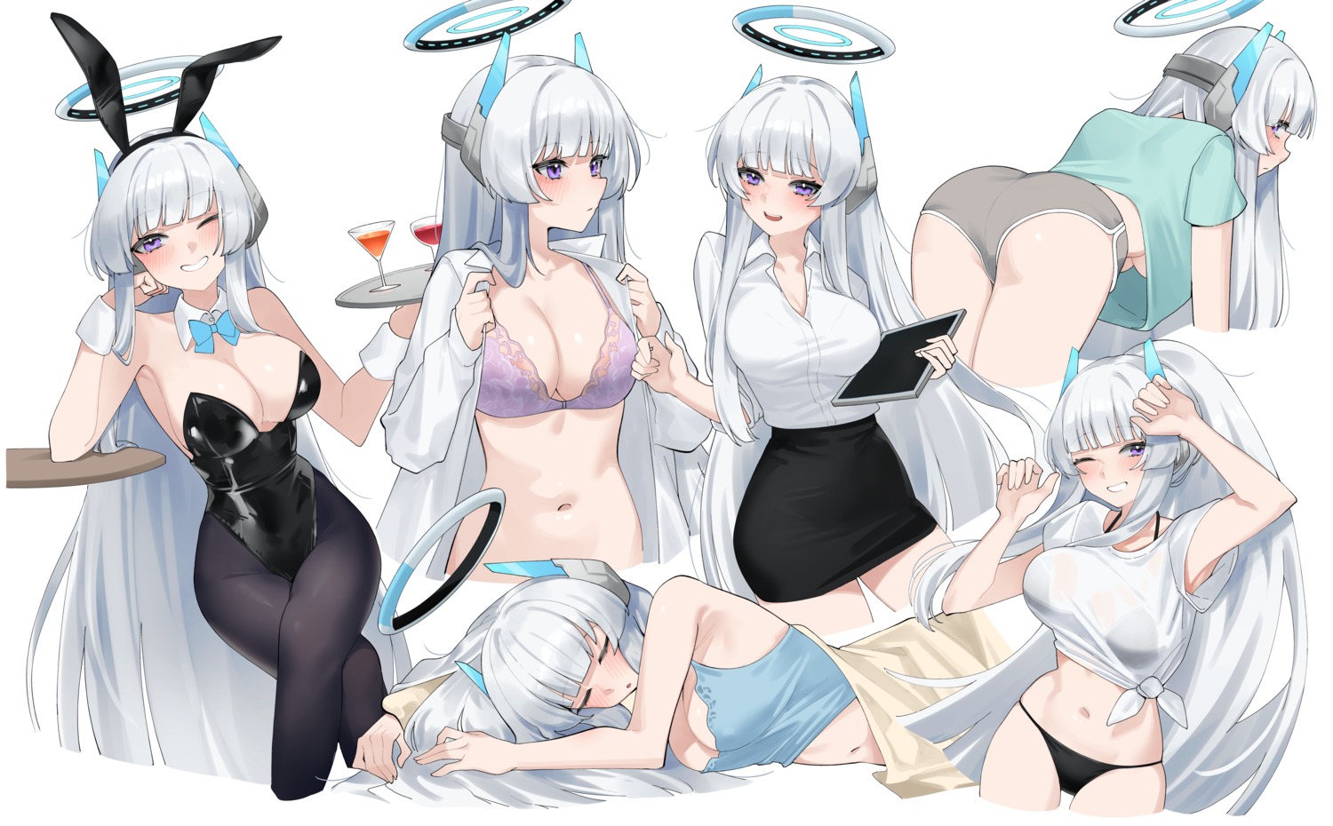 animal_ears ass bikini blue_archive bra bunny_ears bunny_girl dress_shirt halo no_bra open_shirt pantyhose see_through swimsuits undressing ushio_noa wakamepiza