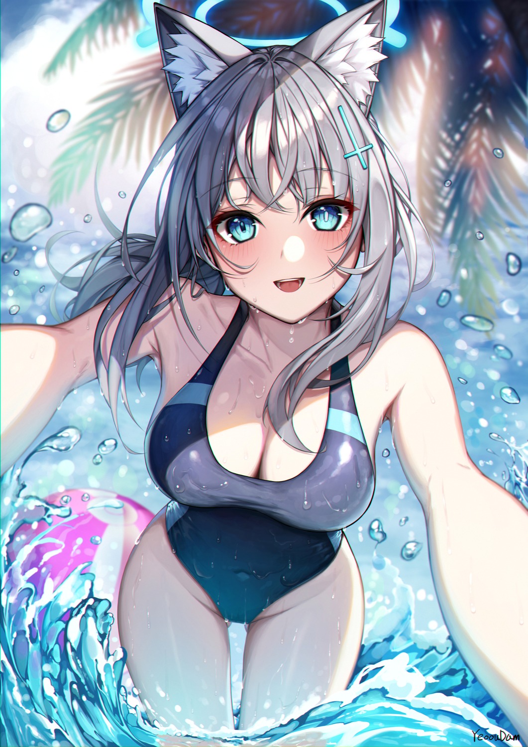 animal_ears blue_archive halo nekomimi sunaookami_shiroko swimsuits wet yeoohdam