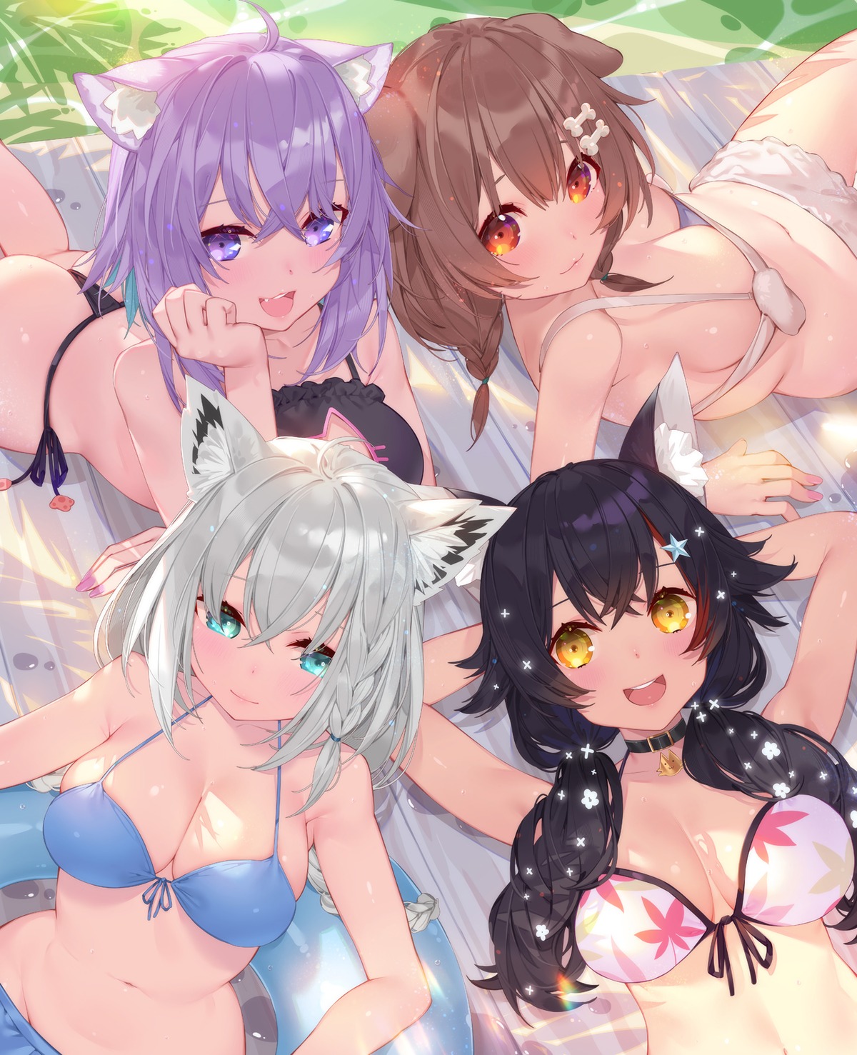 animal_ears ass bikini bikini_top cleavage hololive hololive_gamers inugami_korone inumimi kitsune nekomata_okayu nekomimi ookami_mio shirakami_fubuki swimsuits thong waterring