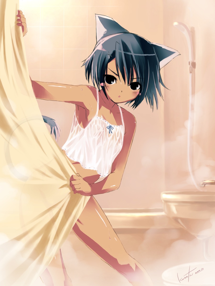 aburaya animal_ears bathing kawata_hisashi nekomimi see_through wet_clothes