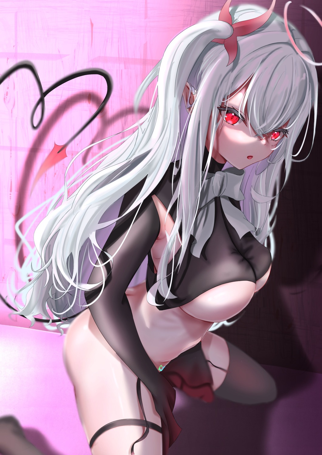 bottomless garter no_bra pointy_ears see_through stockings tail tattoo thighhighs torte underboob