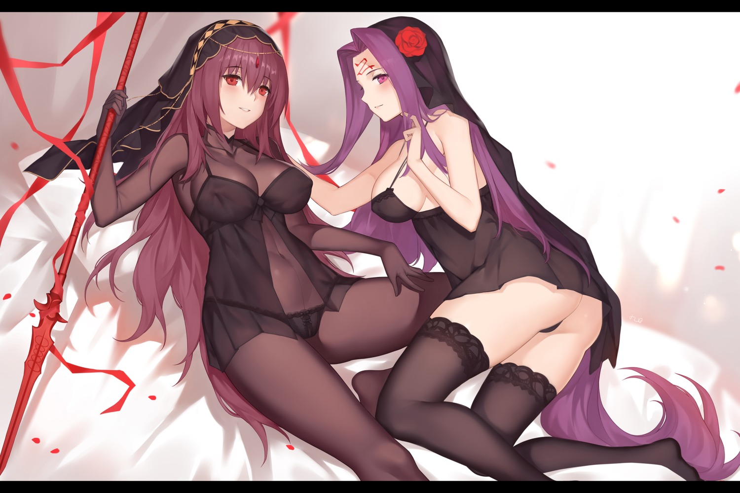 ass bodysuit dress erect_nipples fate/grand_order pantsu rider scathach_(fate/grand_order) tattoo thighhighs weapon yykuaixian