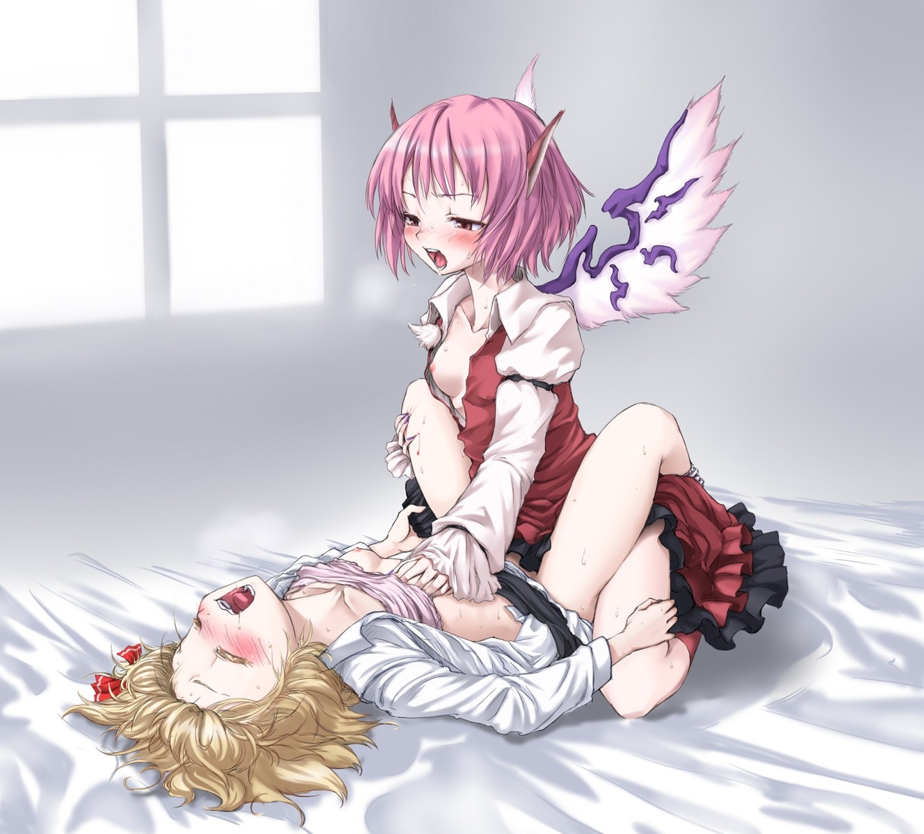 animal_ears breast_grab breasts mystia_lorelei nipples open_shirt rumia shirt_lift tagme touhou wings yuri