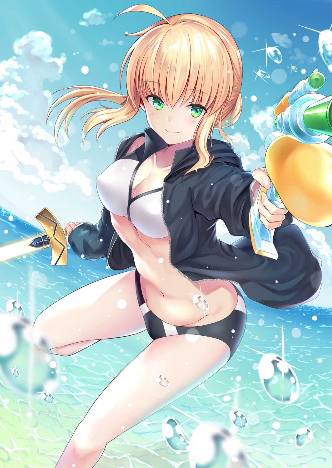 bikini cleavage fate/grand_order gun nagiha_kuten open_shirt saber swimsuits sword