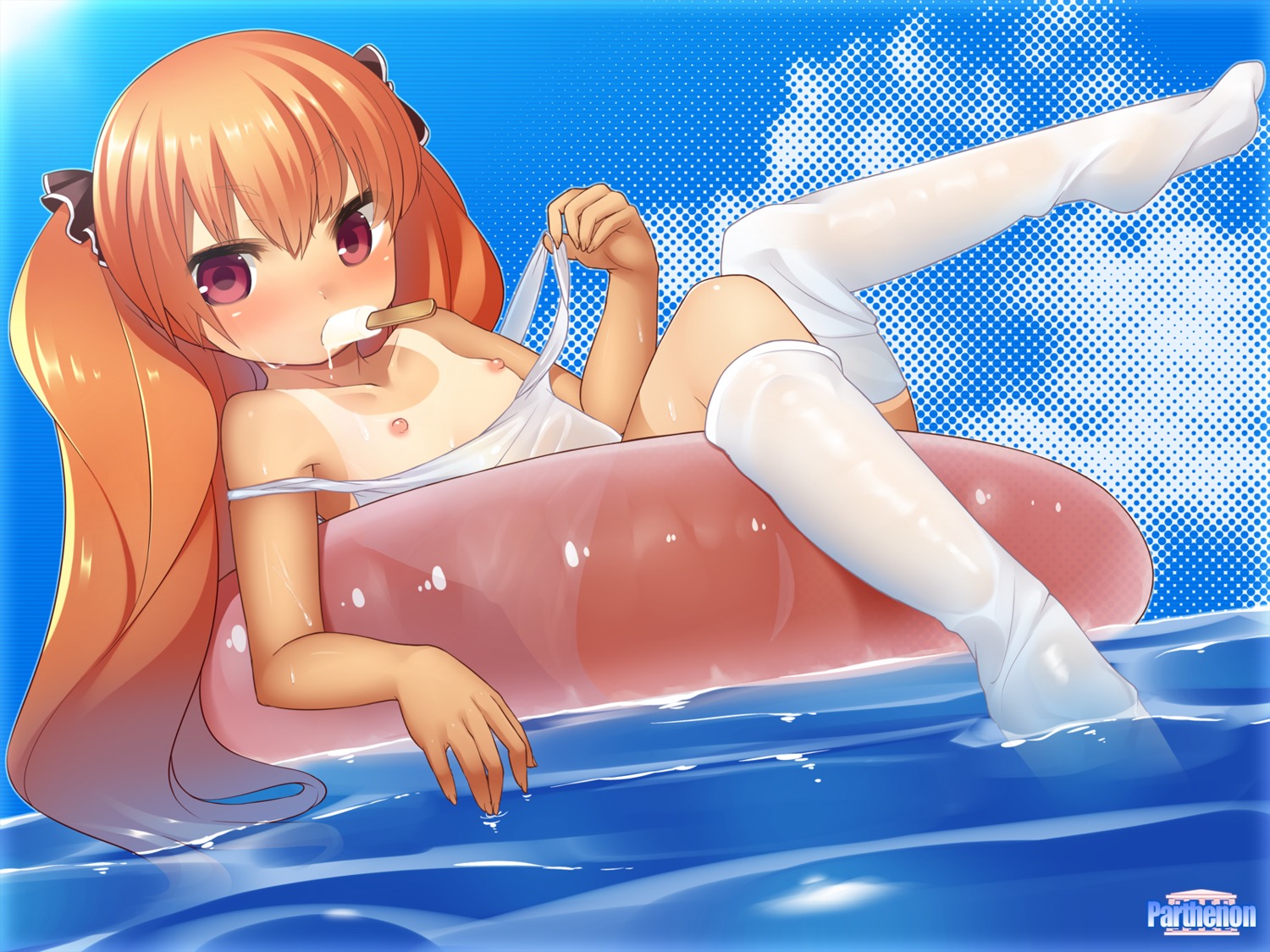 breasts loli nekoume nipples parthenon school_swimsuit swimsuits tan_lines thighhighs wallpaper