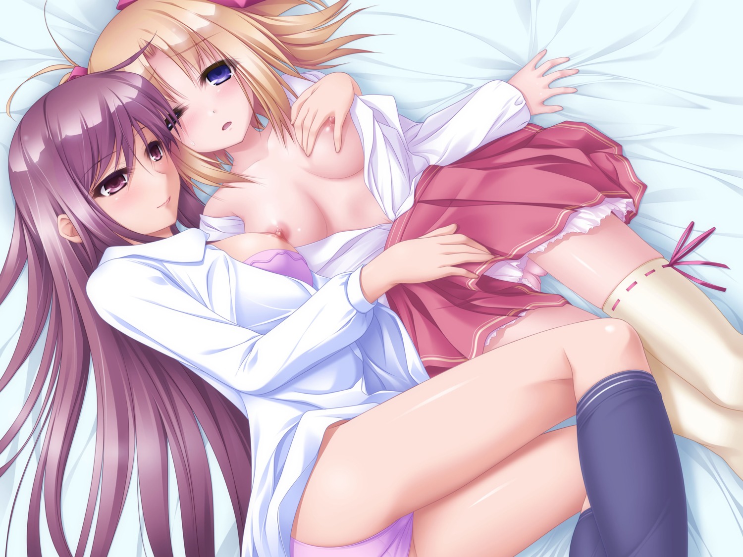 breast_grab breasts fingering kounose_akara nipples no_bra open_shirt pantsu seifuku thighhighs yuri